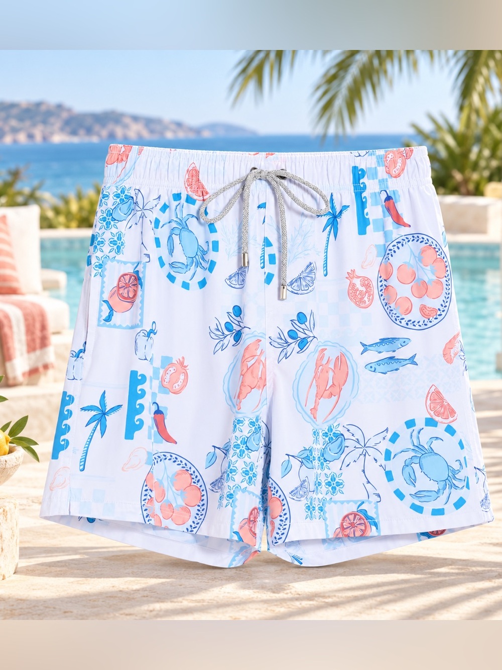Vintage Summer Volley Men's White Tropical Print Swim Shorts Size L NWT
